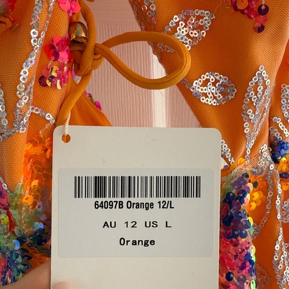 NWT ANGEL BIBA Orange Floral Sequin Cutout Lace Up Mini Dress L - Picture 10 of 10